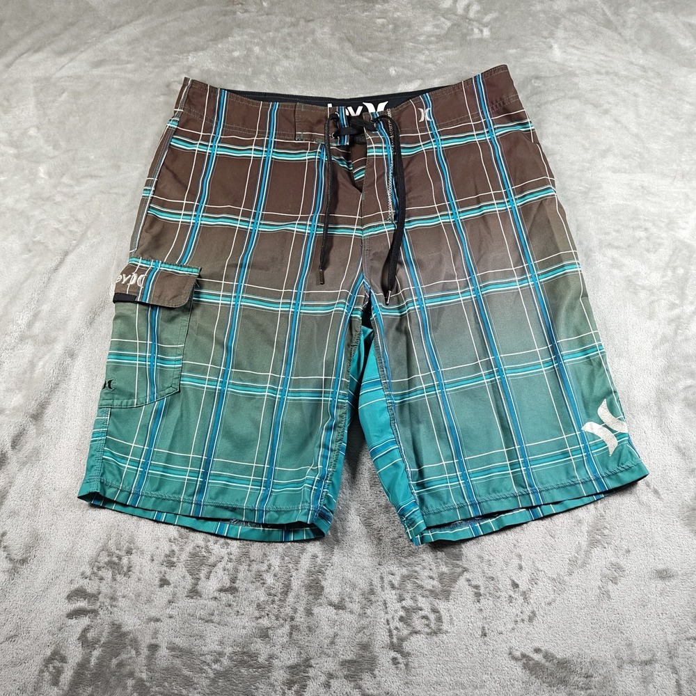 Vintage Hurley Board Shorts Men 34 Green Plaid Cargo Swim Trunks Surf Skater Y2K